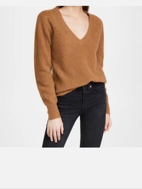 PAIGE Ribbed V-Neck 100% Cashmere Sweater in Camel Brown